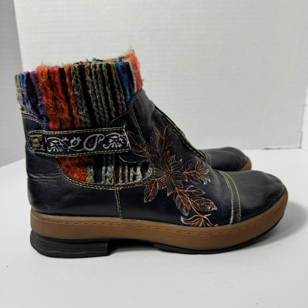 Socofy Black Leather Floral Embroidered Knit Collar‎ Ankle Boots Size 38 Boho